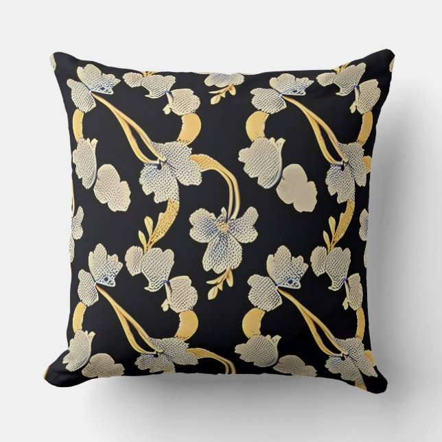 Elegant Gold and White Floral Pattern Cushion (Front)