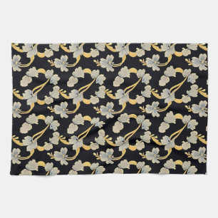 Elegant Gold and White Floral Pattern Tea Towel