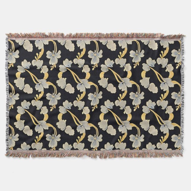 Elegant Gold and White Floral Pattern Throw Blanket (Front)