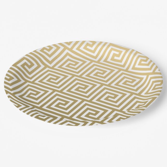 Elegant Gold and White Greek Key Pattern Paper Plate (Angled)