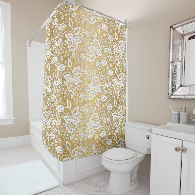 ELEGANT GOLD AND WHITE LACE SHOWER CURTAIN (In Situ)