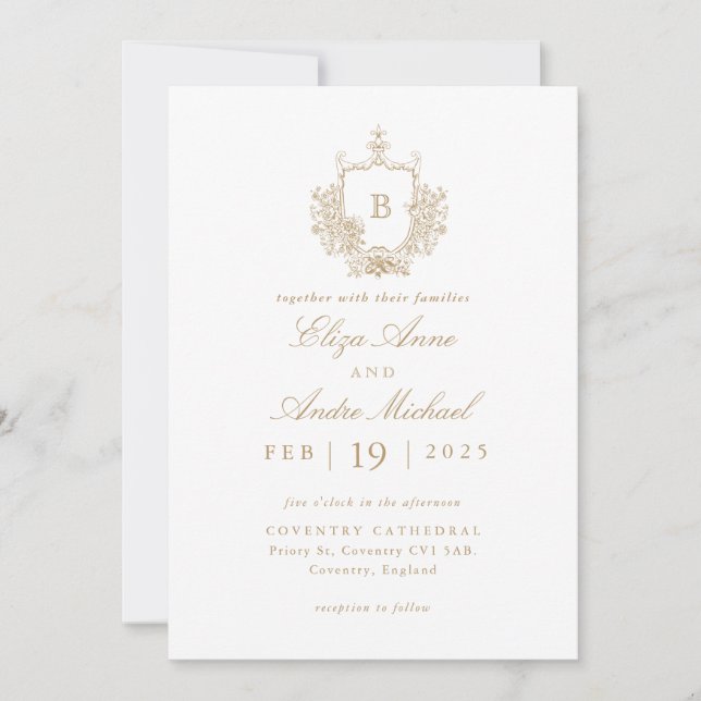 Elegant Gold and White Monogram Crest Wedding Invitation (Front)
