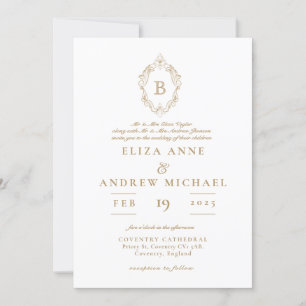 Elegant Gold and White Monogram Crest Wedding Invitation
