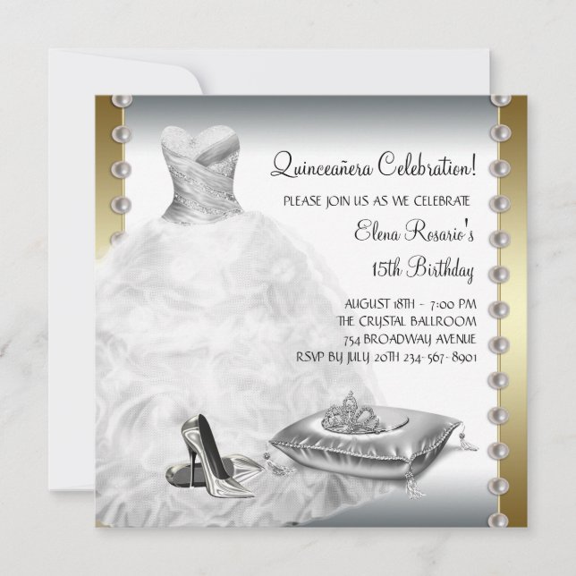 Elegant Gold and White Quinceanera Invitation (Front)
