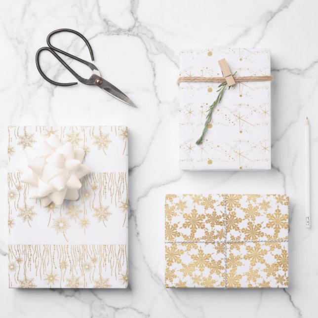 Elegant Gold and White Snowflakes Christmas Wrapping Paper Sheet (Front)
