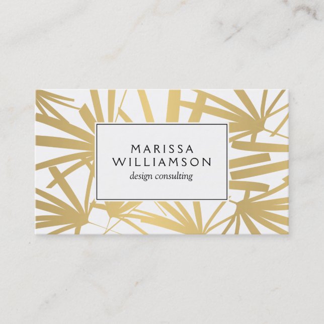Elegant Gold and White Tropical Palm Fronds Business Card (Front)