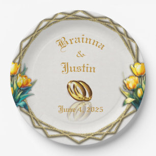 Elegant Gold and White Yellow Tulips Paper Plate