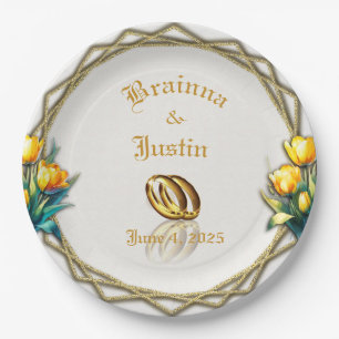 Elegant Gold and White Yellow Tulips Paper Plate
