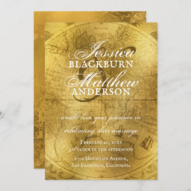 Elegant Gold Antique Old World Map Wedding Invitation (Front/Back)