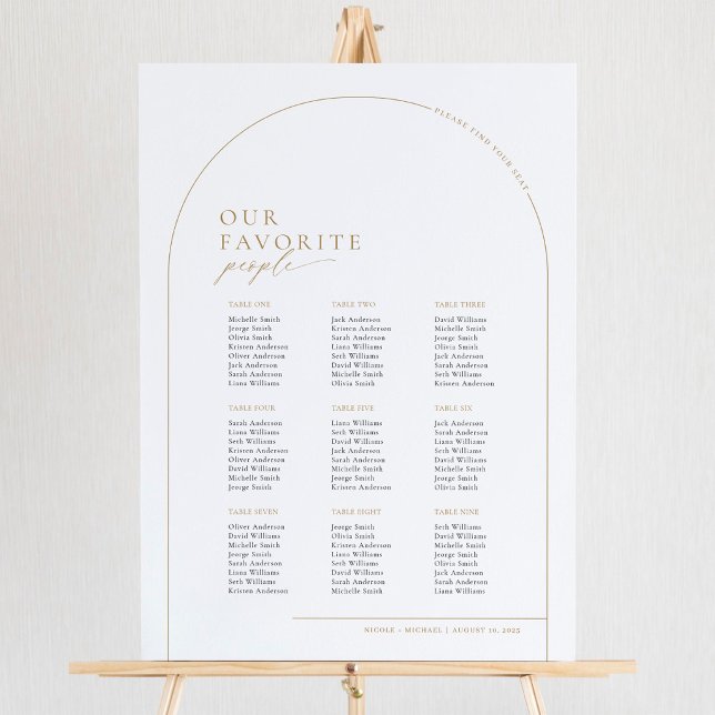 Elegant Gold Arch 9 Tables Welcome Seating Chart (Audrey | Modern Elegant Arch Wedding Seating Chart Poster)