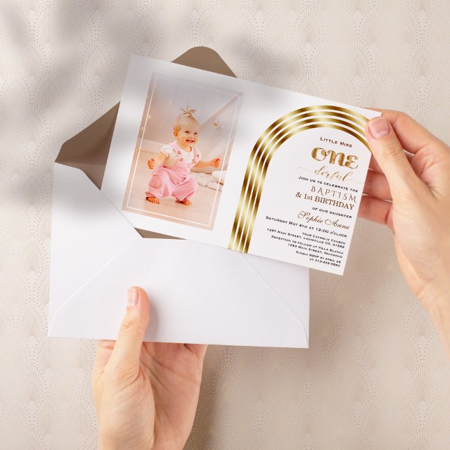 Elegant Gold Arch Baptism 1st Birthday Girl Photo  Invitation (Creator Uploaded)