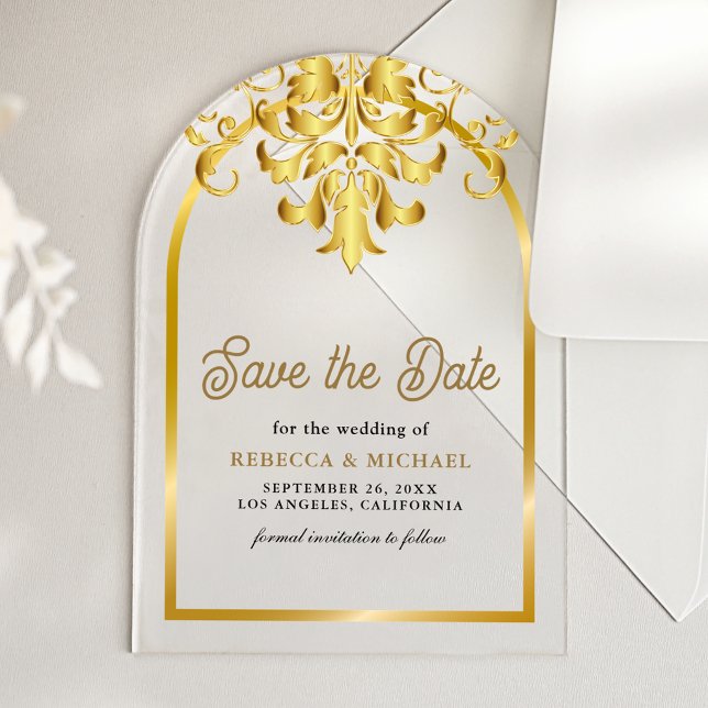 Elegant Gold Arch Damask Wedding Save the Date Acrylic Invitations (Creator Uploaded)