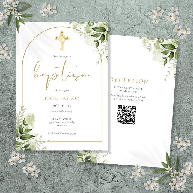Elegant Gold Arch Greenery Floral Baptism QR Code Invitation (Elegant Gold Arch Greenery Floral Baptism QR Code Invitation)