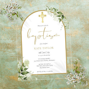 Elegant Gold Arch Greenery Floral Foliage Baptism Acrylic Invitations