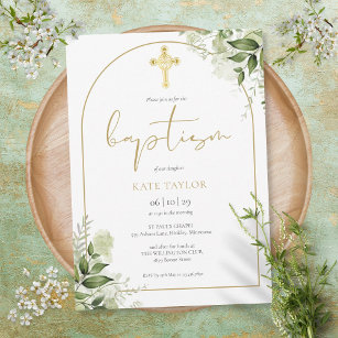 Elegant Gold Arch Greenery Floral Foliage Baptism Invitation