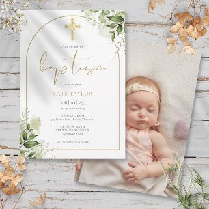 Elegant Gold Arch Greenery Floral Photo Baptism Invitation