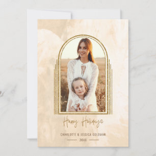 Elegant Gold Arch Happy Holidays Script Photo Holiday Card