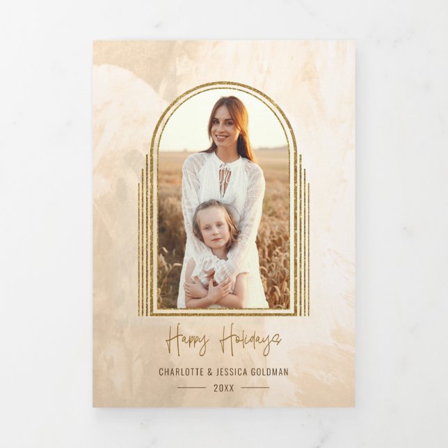 Elegant Gold Arch Happy Holidays Script Photo Tri-Fold Card (Cover)