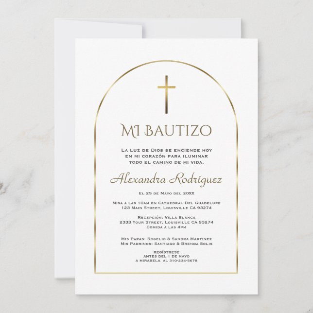 Elegant Gold Arch Invitacion De Bautizo Baptism Invitation (Front)