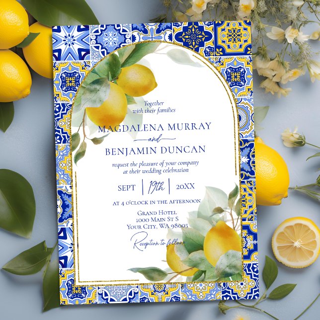 Elegant Gold Arch Italian Blue Tile Lemons Wedding Invitation (Creator Uploaded)