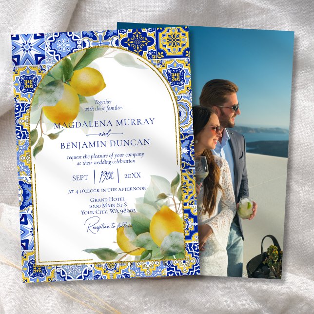 Elegant Gold Arch Italian Blue Tile Lemons Wedding Invitation (Creator Uploaded)