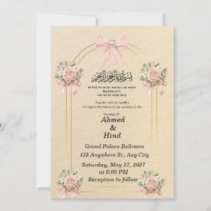 Elegant Gold Arch Pink Floral Pearl Wedding Invitation