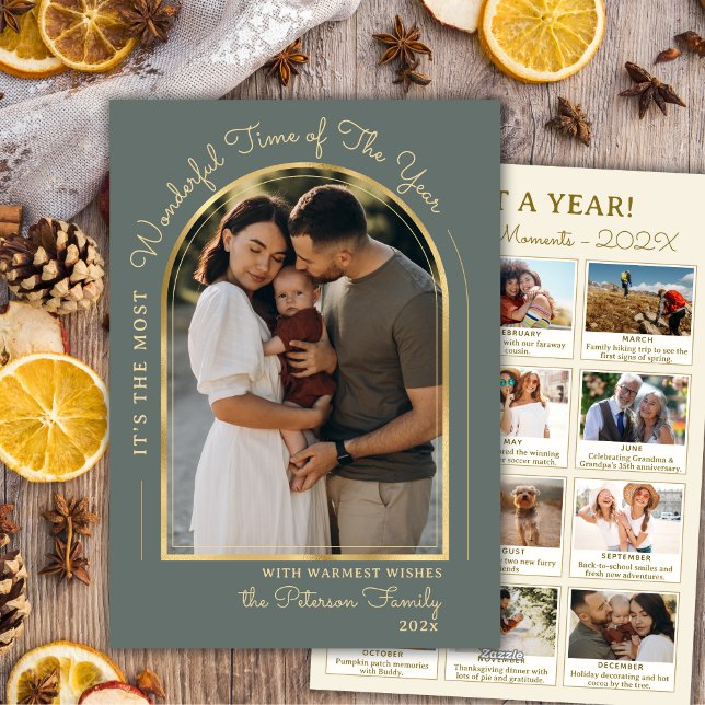 Elegant Gold Arch Year in Review 13 Photo Collage Holiday Card (Creator Uploaded)