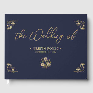 Elegant gold Art Deco & calligraphy blue, wedding Guest Book
