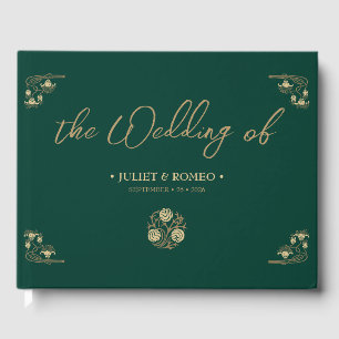 Elegant gold Art Deco & calligraphy green, wedding Guest Book
