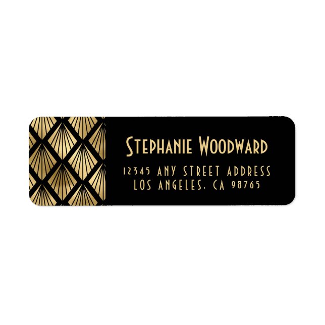 Elegant Gold Art Deco Fans Black Return Address Label (Front)