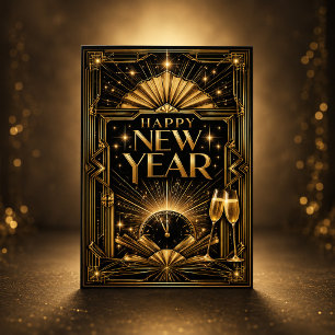 Elegant Gold Art Deco Happy New Year Holiday Card