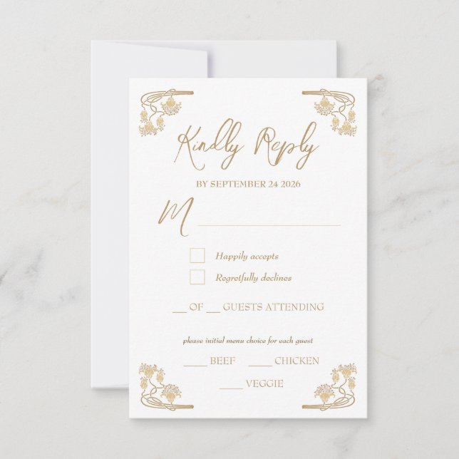 Elegant gold Art Deco menu choice RSVP Card (Front)