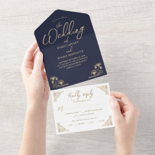 Elegant gold Art Deco on blue All In One wedding  Invitation