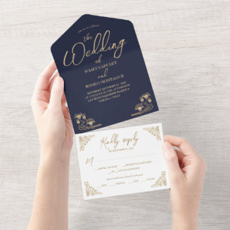 Elegant gold Art Deco on blue All In One wedding Invitation