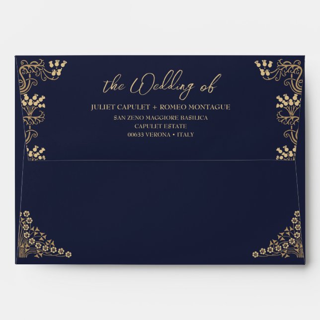 Elegant gold Art Deco on blue wedding invitation Envelope (Back (Top Flap))