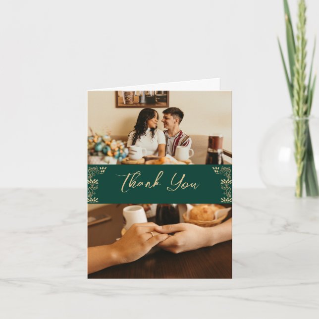 Elegant gold Art Deco on green, 2 photos wedding Thank You Card (Front)