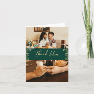 Elegant gold Art Deco on green, 2 photos wedding Thank You Card