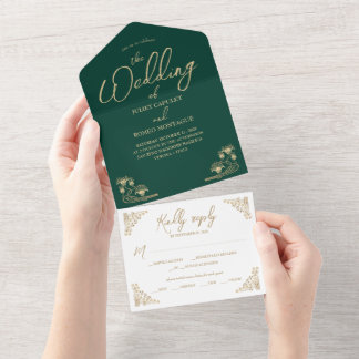 Elegant gold Art Deco on green All In One wedding Invitation
