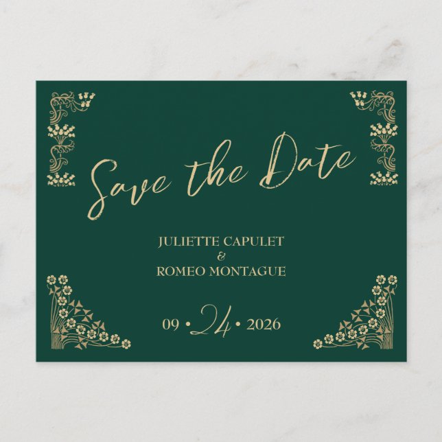 Elegant gold Art Deco on green save the date Postcard (Front)
