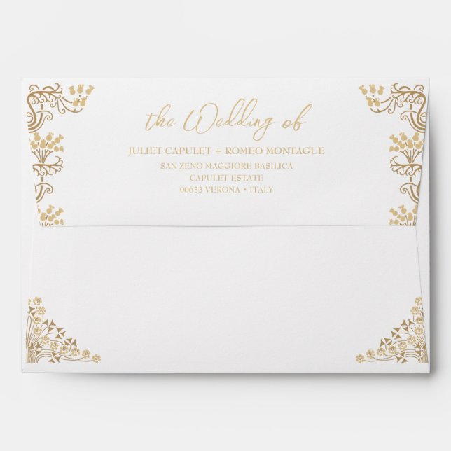 Elegant gold Art Deco on white wedding invitation Envelope (Back (Top Flap))
