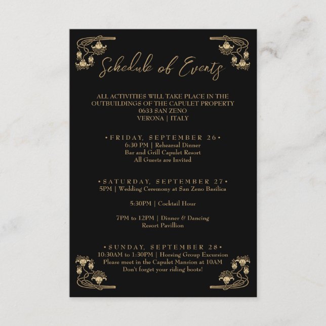Elegant gold Art Deco Weekend schedule of events E Enclosure Card (Front)