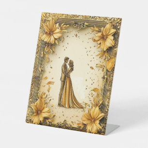 Elegant Gold Artwork of Romantic wedding Couple Pedestal Sign