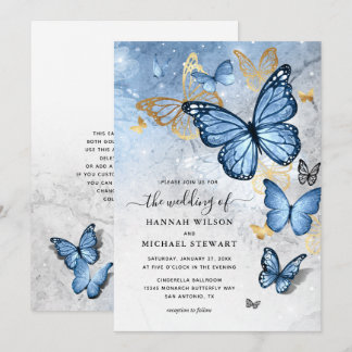 Elegant Gold Baby Blue Butterfly Wedding Invitation
