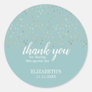 Elegant Gold & Baby Blue Raindrops Baby Shower Classic Round Sticker