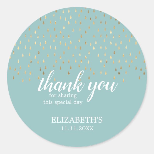 Elegant Gold & Baby Blue Raindrops Baby Shower Classic Round Sticker (Front)