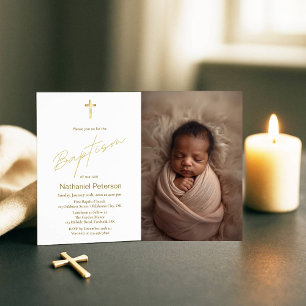 Elegant Gold Baby Boy Baptism Photo Invitation