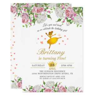 Elegant Gold Ballerina Floral Girl Birthday Party Invitation