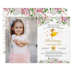 Elegant Gold Ballerina Floral Girl Photo Birthday Invitation