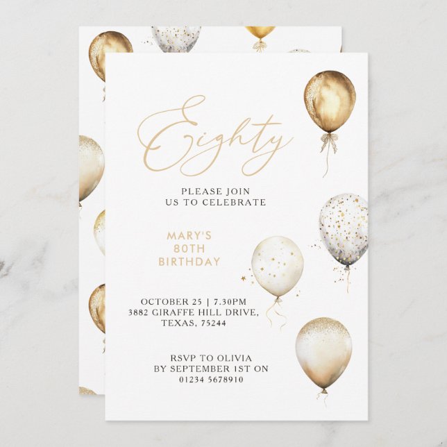 Elegant Gold Balloon 80th Birthday Party Invitation (Front/Back)