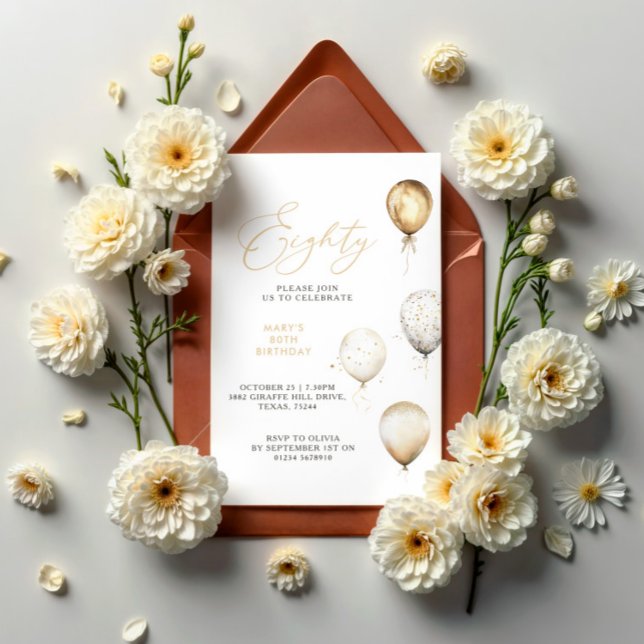 Elegant Gold Balloon 80th Birthday Party Invitation (Creator Uploaded)